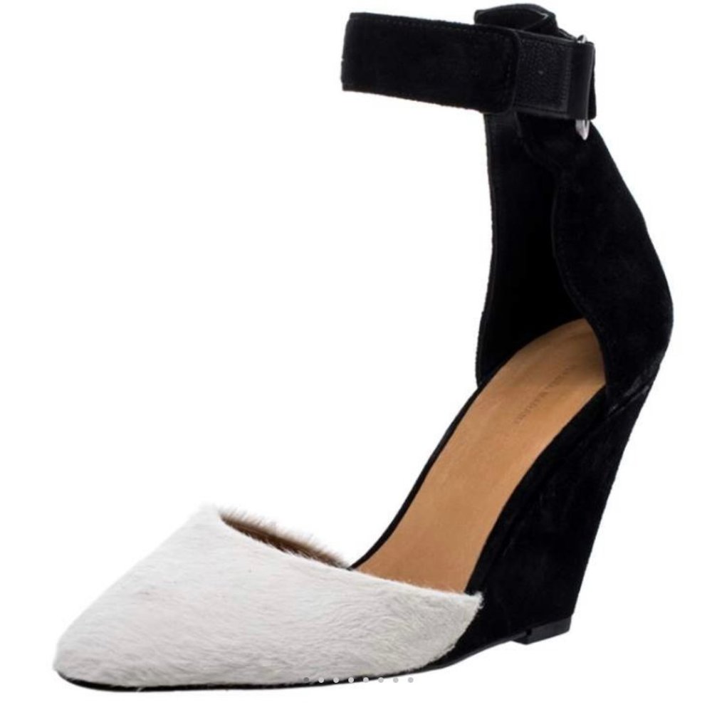 Isabel Marant Black Suede and White Calf Hair Shane Ankle Strap Wedge
